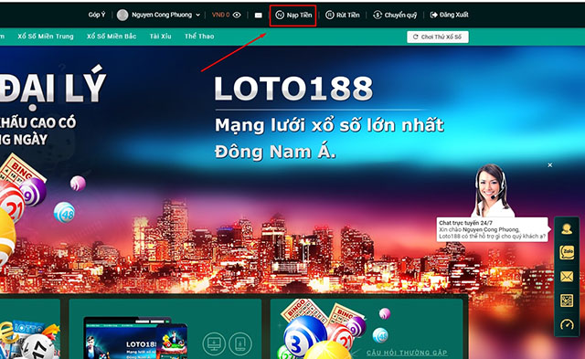 Lựa chọn nút nạp tiền tại trang chủ của Loto188