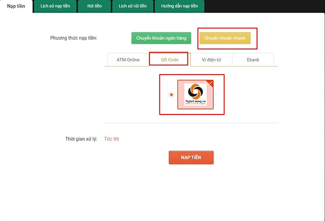 Anh em lựa chọn hình thức nạp tiền bằng QR Code để bắt đầu giao dịch.